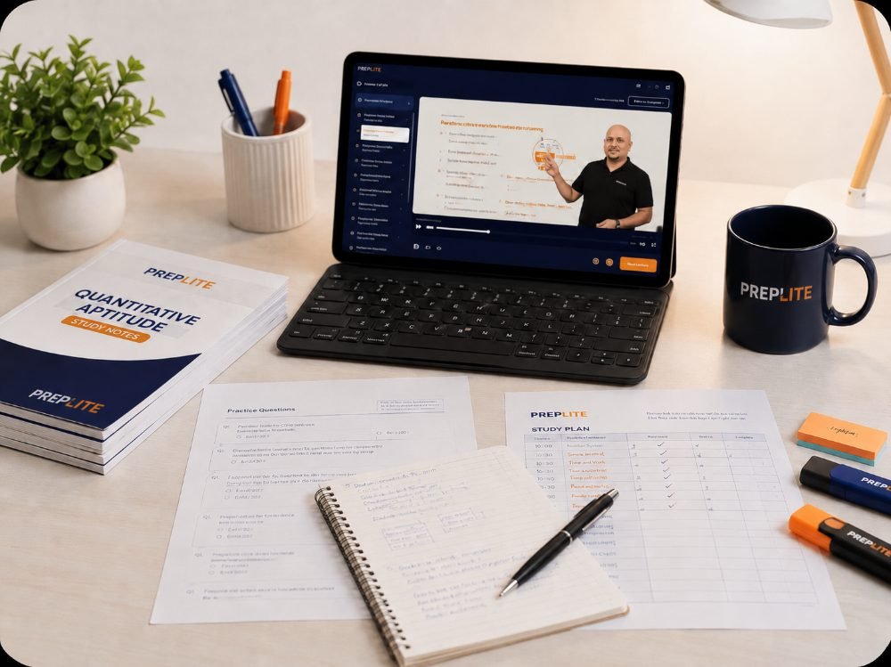 PrepLite study notes, practice questions and lesson on tablet