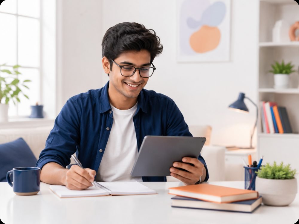 Student studying with a tablet at home